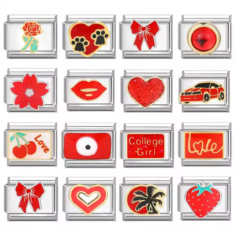 2025 Women Red Glaze Flower Heart Kiss Me Moon Charms Italian Links Fit 9mm Stainless Steel Bracelet