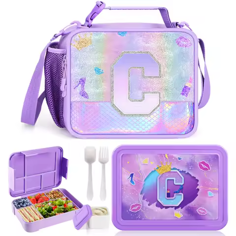 Purple Letter Lunch Bag For Kids Waterproof Thermal Food Bag With Shoulder Strap Lunch Bag Set With 