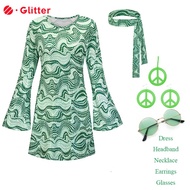 Retro Outfit For Woman 60s 70s 80'S Hippie Costume Dresses Headband Glasses Necklace Earrings Access
