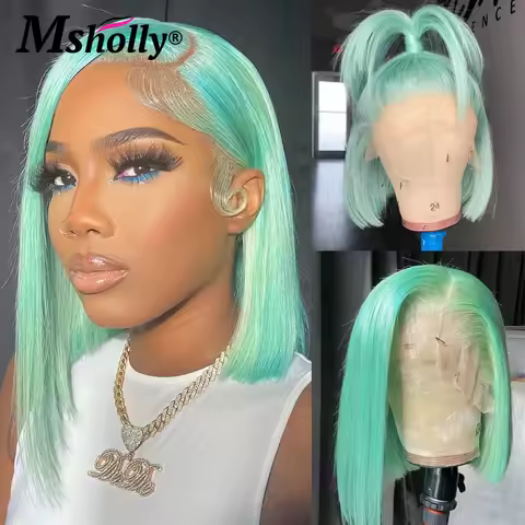 Light Pink Short Bob Wig 100% Human Hair Mint Green Preplucked 180% Density 13x6 Lace Frontal Wig Na