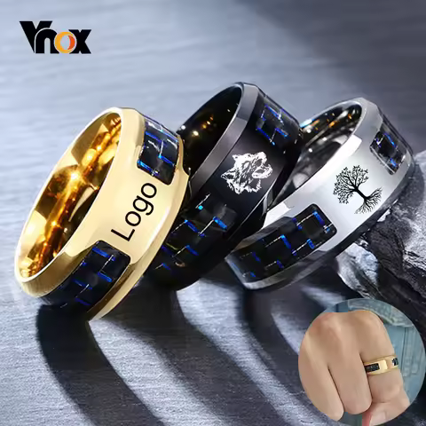 Vnox Customize Logo 8mm Men's Ring Carbon Fiber Wedding Band Personalized Simple Icon Image Meaningf