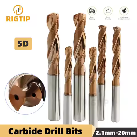 RIGTIP 5D HRC65 2.1mm-20mm Carbide Twist Drill With Internal Cooling Or External Cooling Solid Tungs