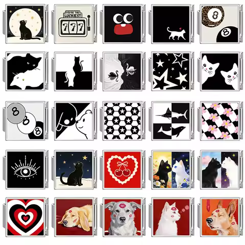 Black Red Pretty Scenery Day Night Cute Kiss Cats Dog Charm Italian Links Fit 9mm Stainless Steel Br