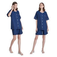 CARA คาร่า ชุดนอน 2 ชิ้น เสื้อเชิ้ต+กางเกง ชุดนอนผู้หญิง ผู้ชาย เสื้อนอน กางเกงนอน สีน้ำเงิน ไม่ระคา