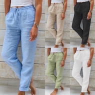 Women High Waist Elastic Waist Solid Cotton Linen Casual Long Straight Pants