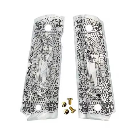 1911 Grips Full Size,White pearl with The Virgin Mary,Fits Colt,Kimber,Springfield,Remington,Rock Is