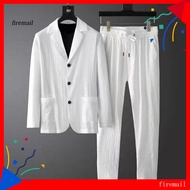 [FM] 1 Set Autumn Men Blazer Pants Stripe Pleats Jacket Drawstring Pants Casual Suit for Wedding
