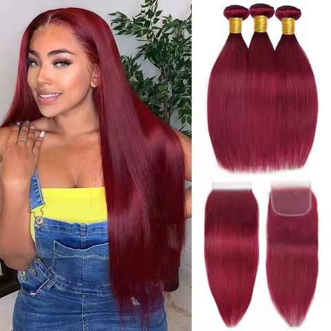 Burgundy 99J Human Hair Bundles with 4x4 Closure 12A Straight Bundles Human Hair Weft With Closure 1