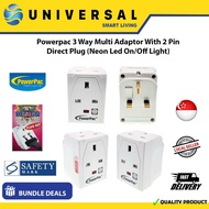 [SG SHOP SELLER] Powerpac 3 Way Multi Adaptor With 2 Pin Direct Plug (Neon Led On/Off Light)