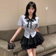 Korean Style JK Uniform Set - Embroidered Top & Cake Skirt