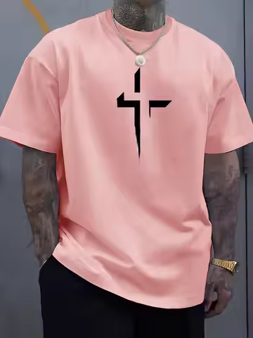 Summer men's 100% pure cotton casual loose plus size Cross Creative printed sports comfortable round