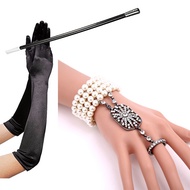 1920s Accessories Set Long Black Gloves Pearl Bracelet Cigarette Holder Flapper Costumes Fancy Dress