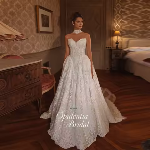 Opulentia Customized Sweetheart Elegant A-Line Wedding Dress Vestidos De Fiesta High-waist Lace Brid