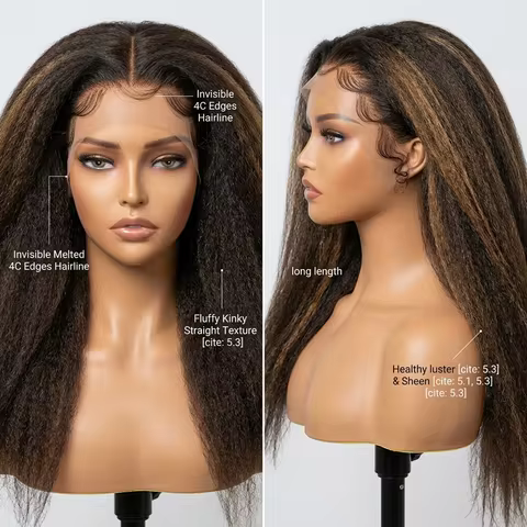 4C Edges Hairline Kinky Straight Human Hair Wigs 5x5 Glueless Lace Closure Wig P4/27 Highlight Color