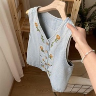 denim suit woman denim jacket woman denim vest woman Embroidered Retro Denim Vest - Women’s Sleevele