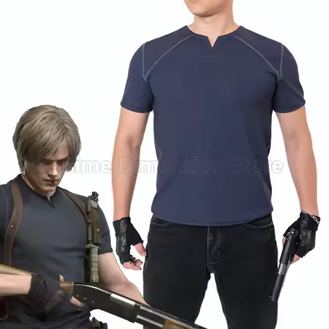 Game Biohazard Resident Remake Leon Scott Kennedy Cosplay Costumes Blue T-shirt For Men