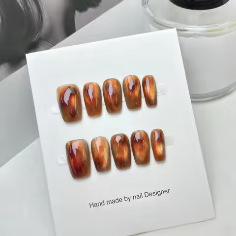 10pcs/bag Autumn Amber Brown Color Gold Foil Chrome Handmade Press On Nails L/M/S Size Medium Square
