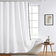 Boho Farmhouse Shower Curtain,Waterproof White Fabric with Side Tassels Small Black Balls Modern Rus