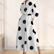 ชุด Maxi Summer Maxi Lapel V คอแขนยาว Polka Dot Fashion Fashion Fashion Dress สำหรับการออกเดทซื้อของ