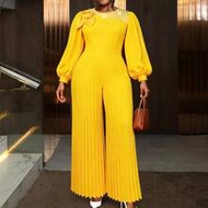 Plus Size Women's Yellow Ruched Jumpsuit, Long Sleeve Round Neck Bishop Sleeve, 3D Pearl Rose Decor 