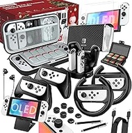 Accessory Bundle Kit Compatible with Nintendo Switch OLED, 27 In 1 Accessories Gift Kit with Carrying Case and Protective Case Cover, Joycon Grips and Wheels for Enhanced Games Play and More-Black