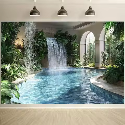 Tropical oasis background fabric, featuring a waterfall pool and lush plants - polyester fiber garde