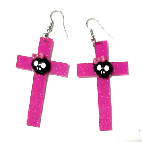 Gothic Jewelry Shiny Pink Skull Bow Earrings for Female Punk Fashion Aesthetic Halloween Cool Earrin