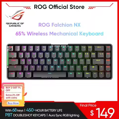 ASUS ROG Falchion NX 65% USB/Wireless 2.4GHz RF Mechanical Keyboard 68 PBT Keycaps Aura Sync Lightin