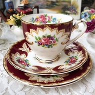 英國Royal Grafton 高貴寶石紅美麗五彩花卉描金骨瓷三件式杯盤組