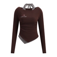 Weekend hub | เสื้อเลเยอร์แขนยาว ด้านในลายทางผูกโบว์คล้องคอ เย็บติดกันสองชิ้น