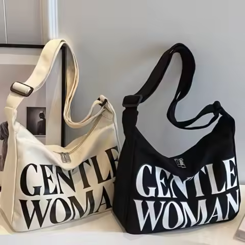 Gentle Woman Letter Canvas Bag, Trendy Versatile Large Capacity Commuting Shoulder Crossbody Bag, Ca