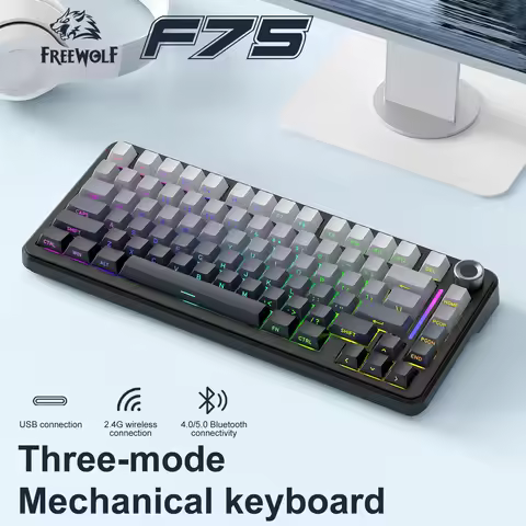 F75 Mechanical Keyboard Gaming FREEWOLF F75 Wireless Keyboard with Metal Knob,RGB/Hot-Swap/4000 mAh