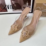 Zara Plastic Transparent Women's Shoes Open Heel Pointed Toe High Heel Mules Hollow Rhinestone Sandals
