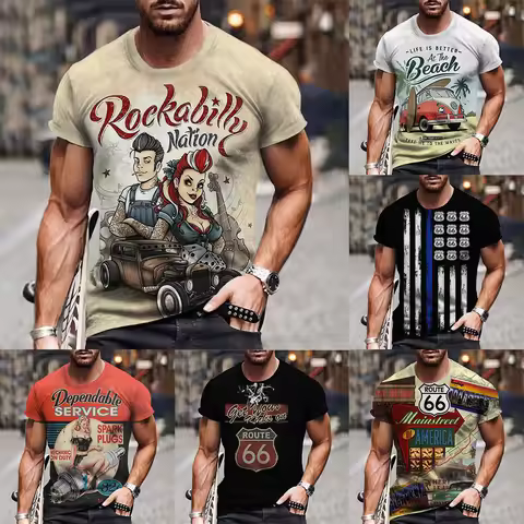 Summer Vintage Fit Short Sleeve Fashion Us Route 66 Letter Printed Tee 3D O Neck Men's Plus Size Car