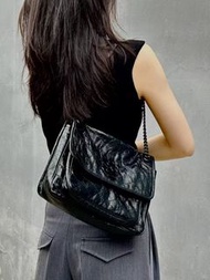 ✨YSL Saint Laurent Niki復古褶皺小牛皮斜挎單肩包 中號 女款 黑色