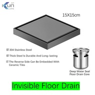 15x15cm Invisible Floor Trap Gray Brushed 304 Stainless Steel Hidden Floor Drain WC Bathroom