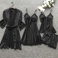 4 Piece Pajama Set Silk Womens Nightgown Lace Dress Robe Sleeping Pajamas Silk Solid Color Pajama Se