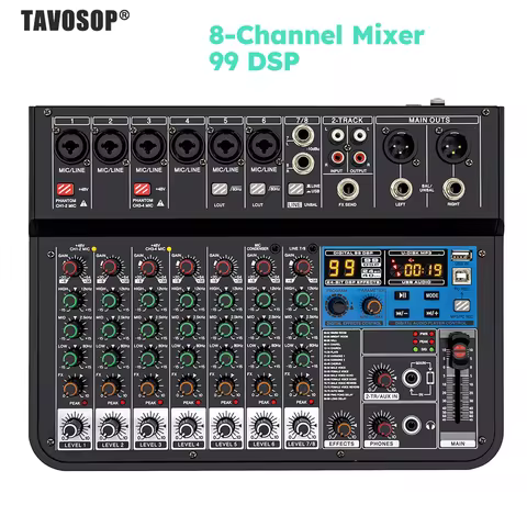 8 Channel Audio Mixer 48V Phantom Power 99 DSP Bluetooth DJ Console Karaoke Mixer for Recording Kara