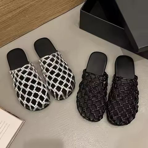 luxury brand Handmade Weaving Mesh Hollow Out Women Cozy Breathable Round Toe Beach Shoes Casual Fla