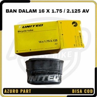 BICYCLE INNER TYRE SIZE 16 x 1.75 / 2.125 United AV
