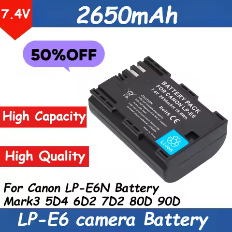 7.4V 2650mAh LP-E6 Camera Battery for Canon LP-E6N Battery Mark3 5D4 6D2 7D2 80D 90D