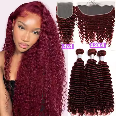 #99J Deep Wave Bundles With Closure Brazilian Raw Hair Colored 99J Burg Human Hair 3/4 Bundles With 