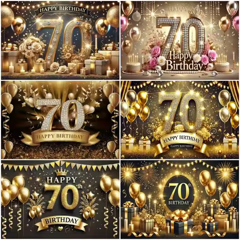 70th Happy Birthday Party Decoration Backdrop Black Gold Glitter Balloon Theme Banner Photography St