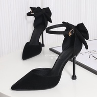[Ready Stock] High Heels Women Stiletto Heels 2024 Spring New Style All-Match Pointed Toe Buckle Strap Classy Celebrity Black Shoes Women Balance Anti-slip Breathable Student Party Off