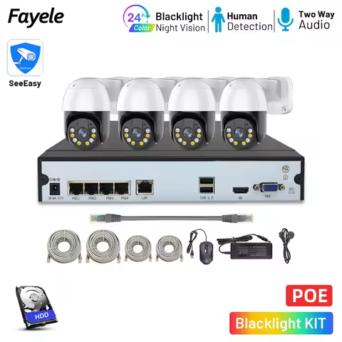 Blacklight Full Color Night Vision POE Security Camera System 4CH NVR 4MP Dome Mini PTZ Camera Video