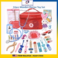 32pcs Wooden Doctor Toy Set Wooden Medical Tools Set Doctor Costume Dentist Wooden Toy Set Role Play