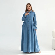 Eid Abaya Women Denim Dress Button Kaftan Jalabiya Party Muslim Dubai Vestidos Largo Ramadan Morocco