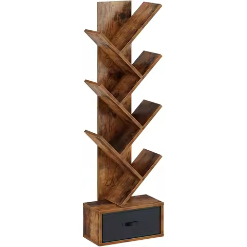 Rolanstar 7 Tier Tree Bookshelf Drawer Storage Rack Tall Narrow Standing Bookcase for CDs Movies Boo