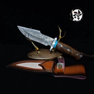 มีดเดินป่า เหล็กDC53 ใบยิงลาย ความแข็ง 60+-2 HRC ด้ามจับ ไม้มะเกลือ+เทอร์ควอยซ์ฟ้า คอเหล