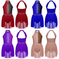 Kids Girls Rhinestone Sleeveless Ballet Lyrical Dance Halter Dress Gymnastic Tutu Leotard Figure Ice